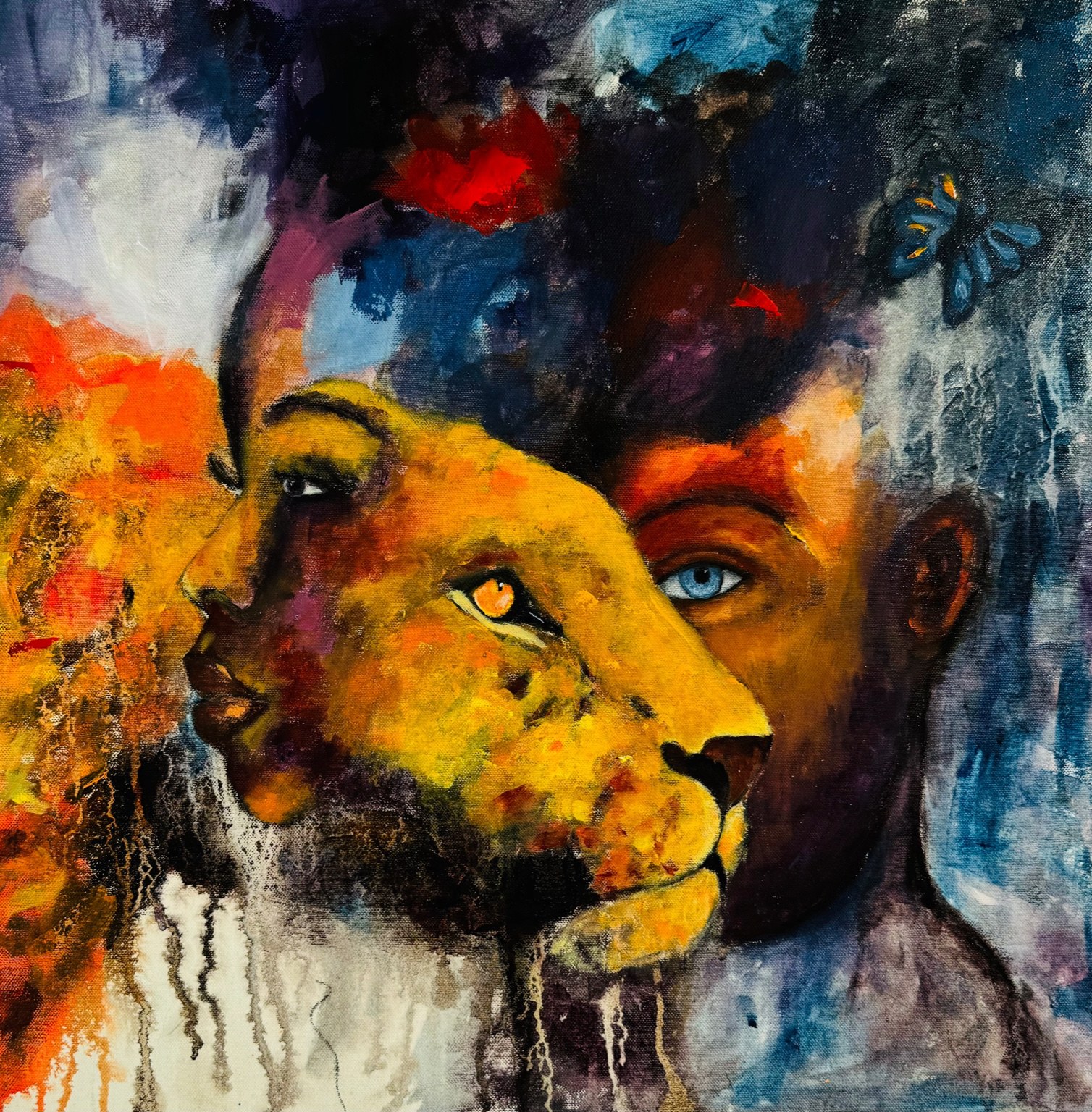 The Untouchable No-1: a lioness and a woman’s face in layered colour.